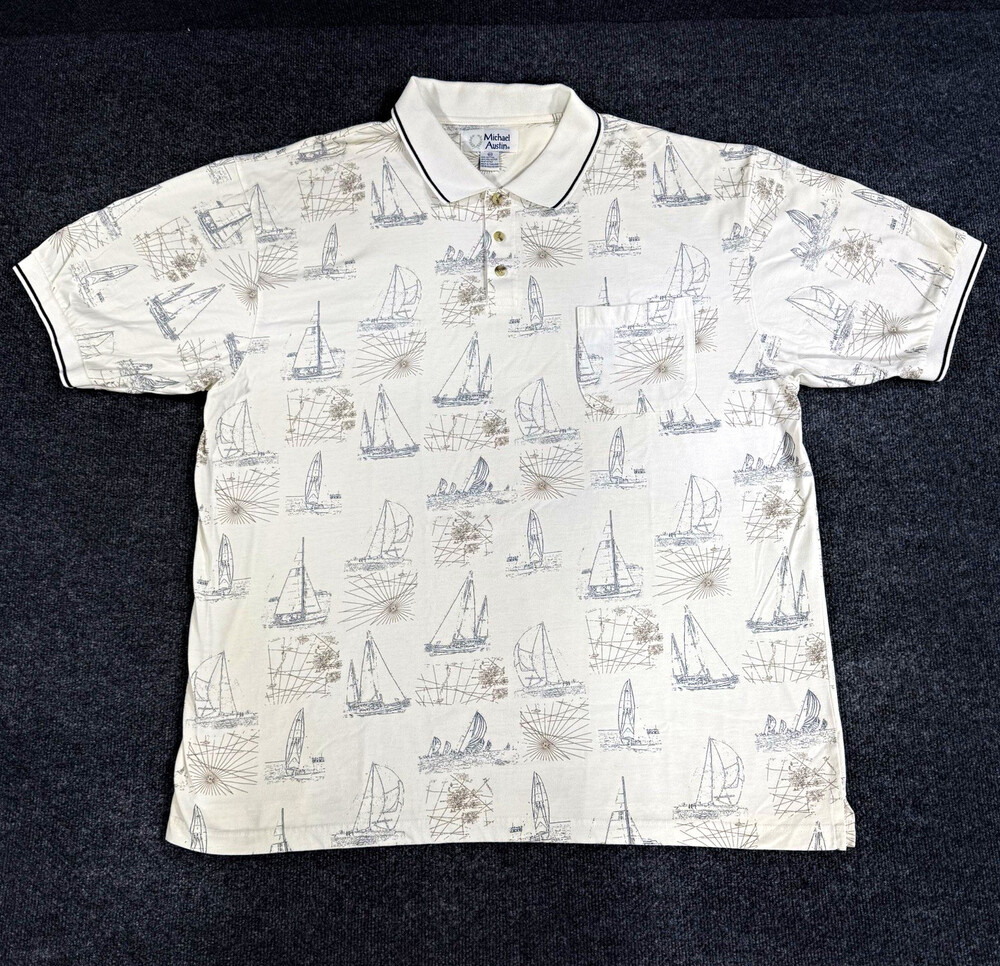 Michael Austin Mens 4XL Sailboat Nautical Polo Shirt White All Over Print Pocket